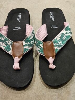 Capelli of New York Pink and Green Palm Print Flip Flop Sandals